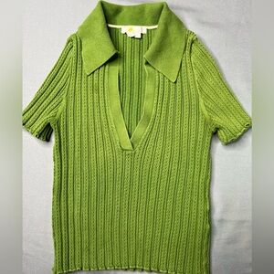 Boden Green Ribbed Short Sleeve Sweater – Collared Knit Top – Size Medium